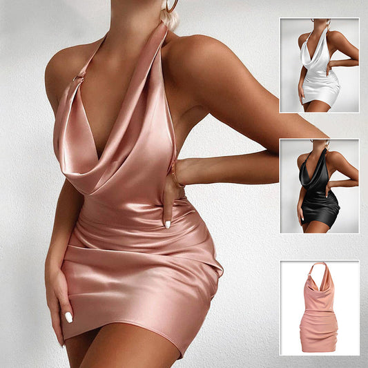 Satin Party Dress V Neck Backless Mini Sleeveless Summer Fashion