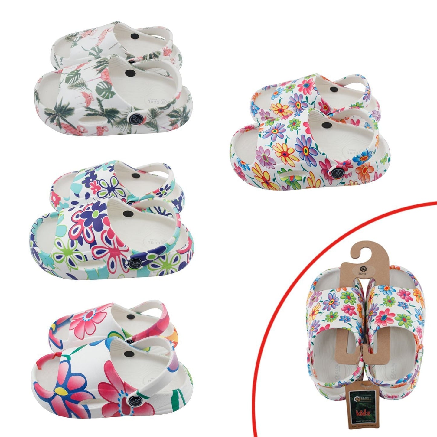 Kinder Badelatschen mit Blumenmuster » günstige Kinderschuhe "Clou Shoes" » Badeschlappen, Schuhe & Slipper » offene Sandalen mit Riemen und Cut-Outs