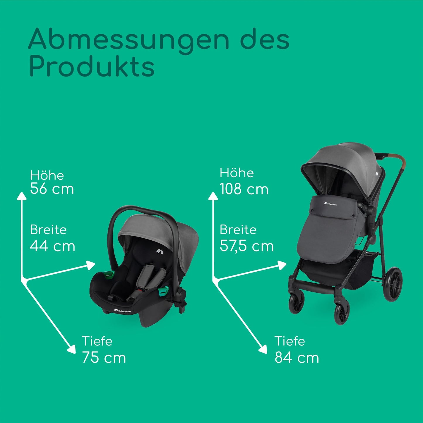 Bebeconfort Luvia Trio, Kinderwagen 3 in 1, 0–4 Jahre (0–22 kg), Baby Kinderwagen, Babyschale, Kinderwagenaufsatz, Smartes Faltsystem, Verstellbarer Schieber, Stoßdämpfung auf Rädern, Mineral Graphite