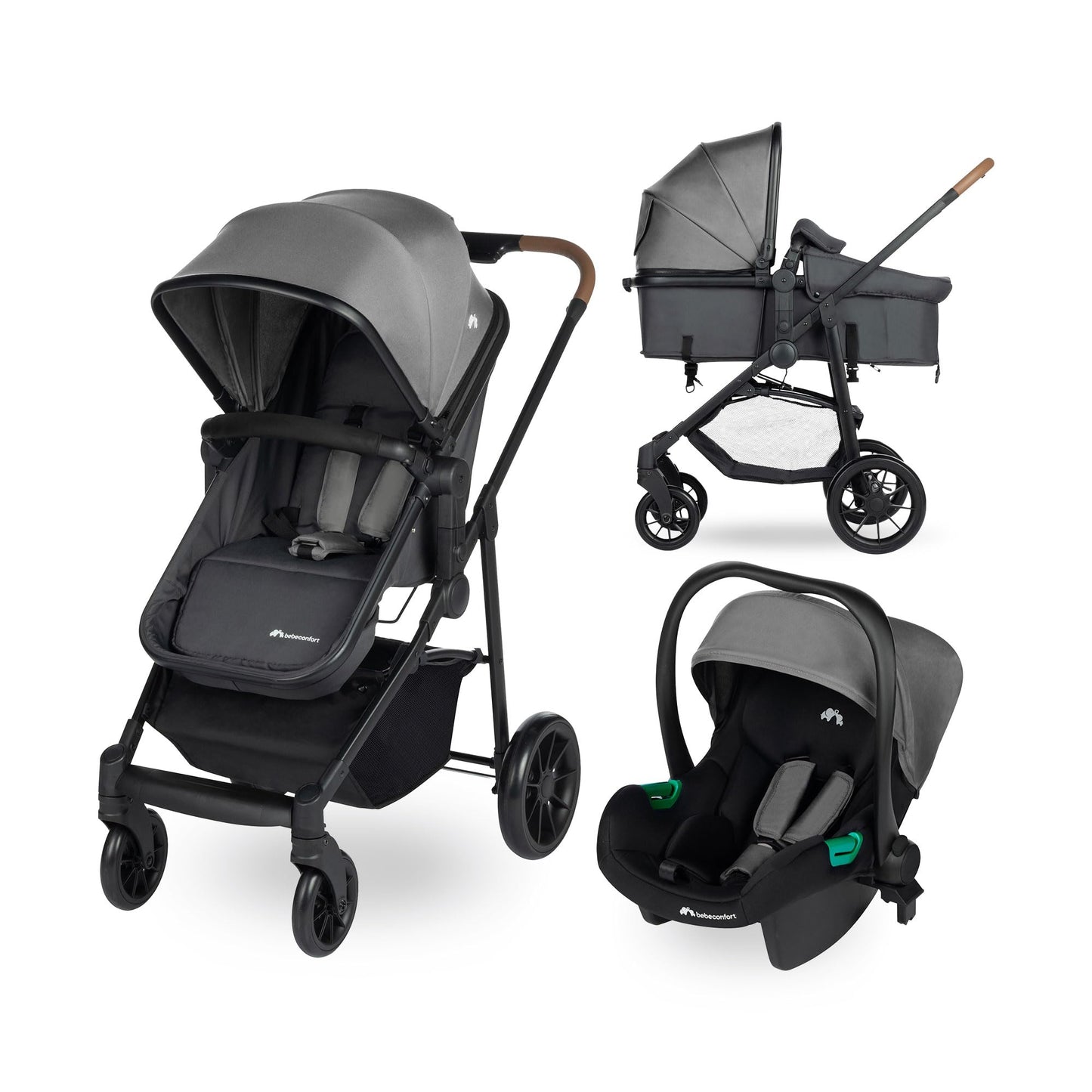Bebeconfort Luvia Trio, Kinderwagen 3 in 1, 0–4 Jahre (0–22 kg), Baby Kinderwagen, Babyschale, Kinderwagenaufsatz, Smartes Faltsystem, Verstellbarer Schieber, Stoßdämpfung auf Rädern, Mineral Graphite