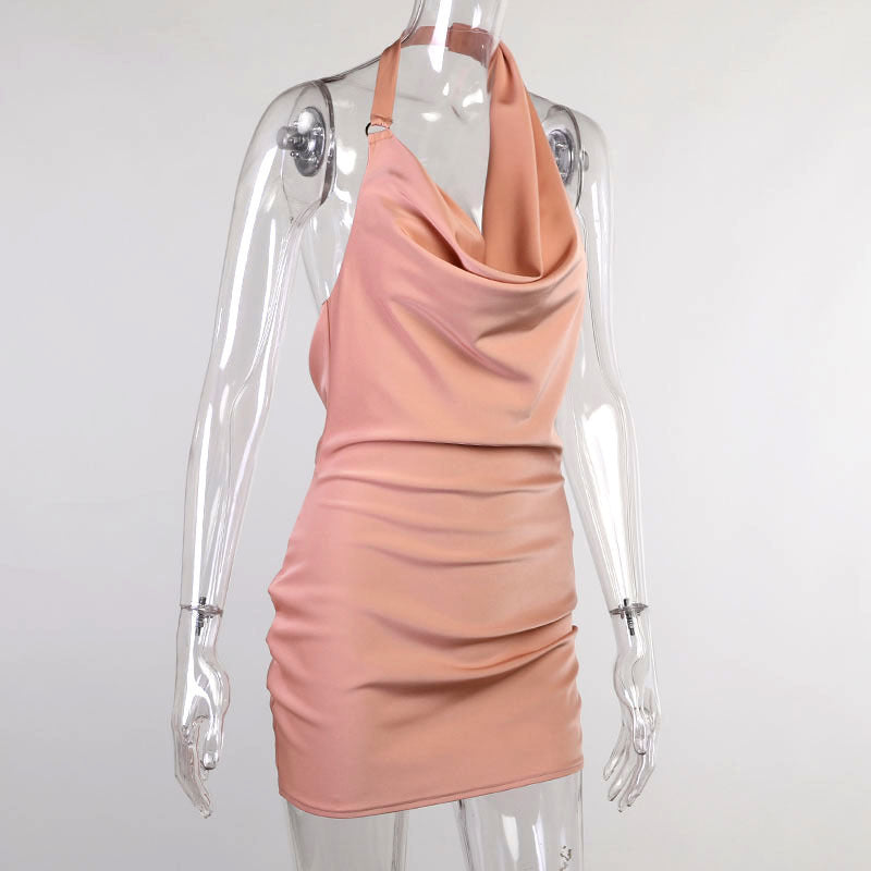 Satin Party Dress V Neck Backless Mini Sleeveless Summer Fashion