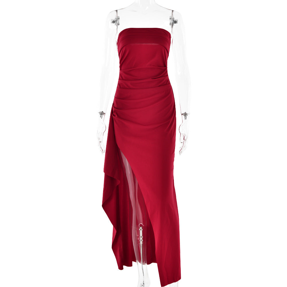 Strapless Split Long Dress Summer Fashion Pleated Bridesmaid Dress For Women´s Party Wedding Clothing