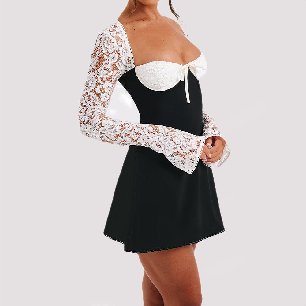 Y2K  Lace Long Sleeve Dress Fashion Sexy Corset Backless Lace Up Short Dresses Women´s Clothing