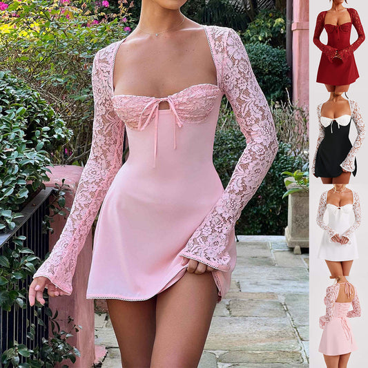 Y2K  Lace Long Sleeve Dress Fashion Sexy Corset Backless Lace Up Short Dresses Women´s Clothing