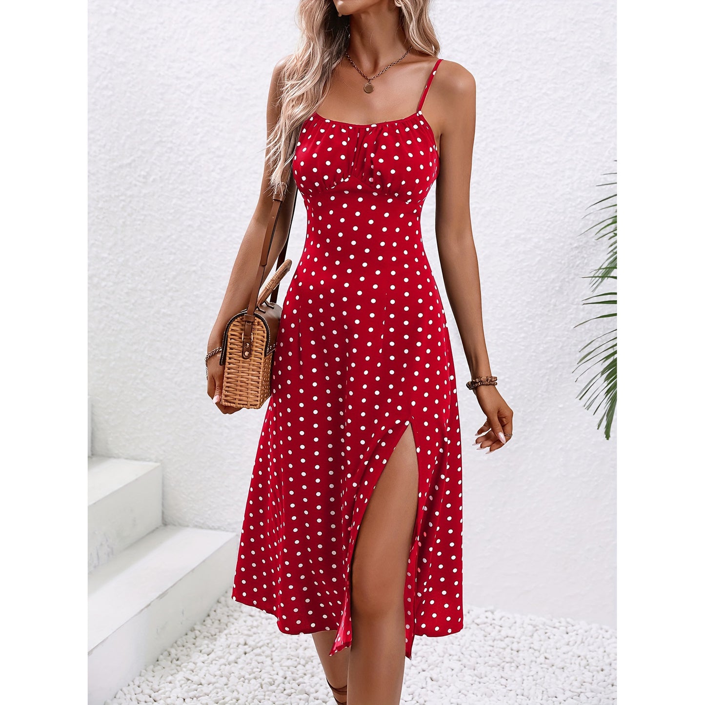 New Polka Dot Print Suspender Dress Summer Sexy Split long Dresses For Women´s Clothing