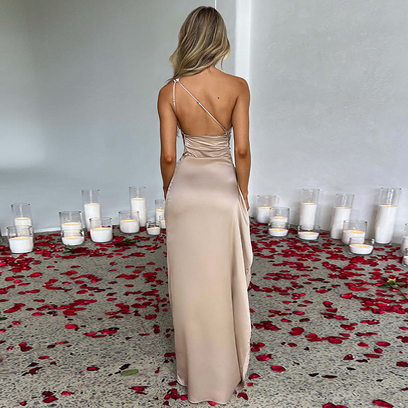 Sexy One-shoulder Backless Slit Dress Sexy Elegant Slim-fit Solid Color Satin Dresses For Solid Color