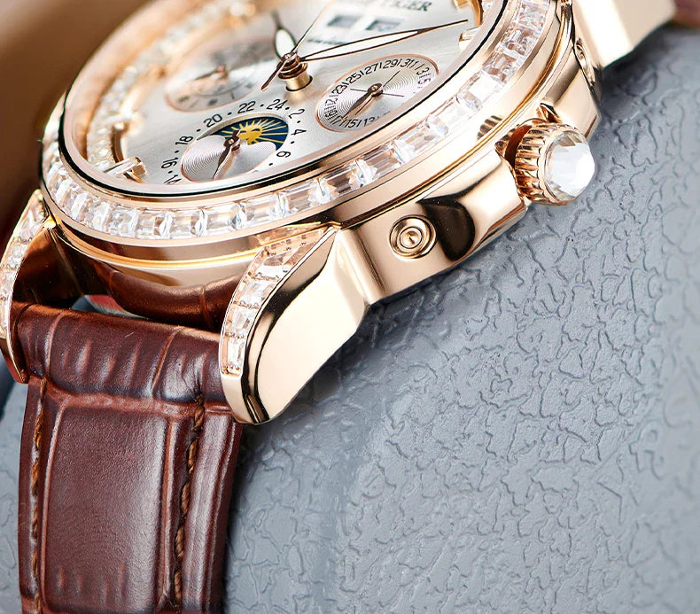 Automatic moonphase  watch by reef tiger diamonds bezel blue dial