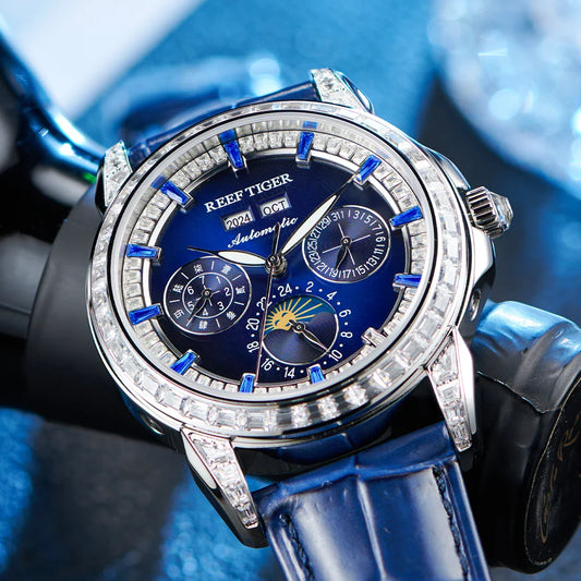 Automatic moonphase  watch by reef tiger diamonds bezel blue dial