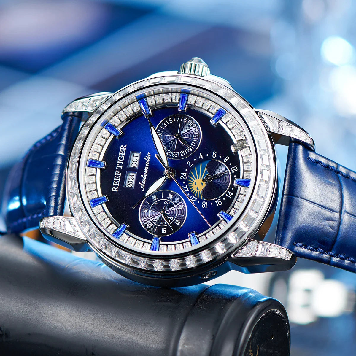 Automatic moonphase  watch by reef tiger diamonds bezel blue dial