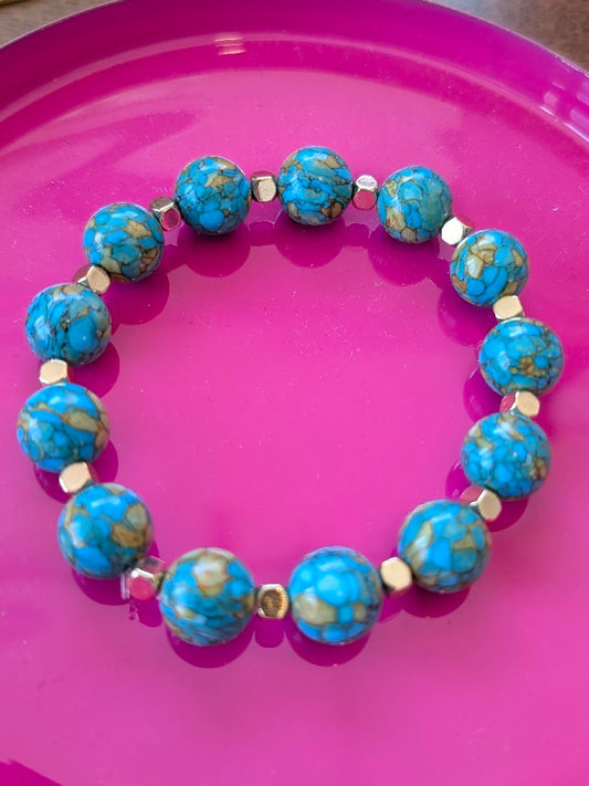 Armband Unikat Eigenes Design Echte Türkise Rund mit Goldplättchen