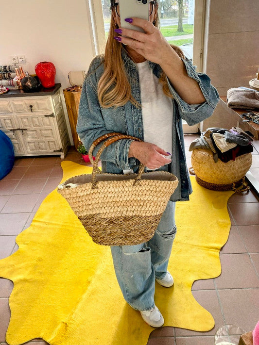 Bastkorb mit Ledergriffen, Leinen Innentasche mit Reißverschluss