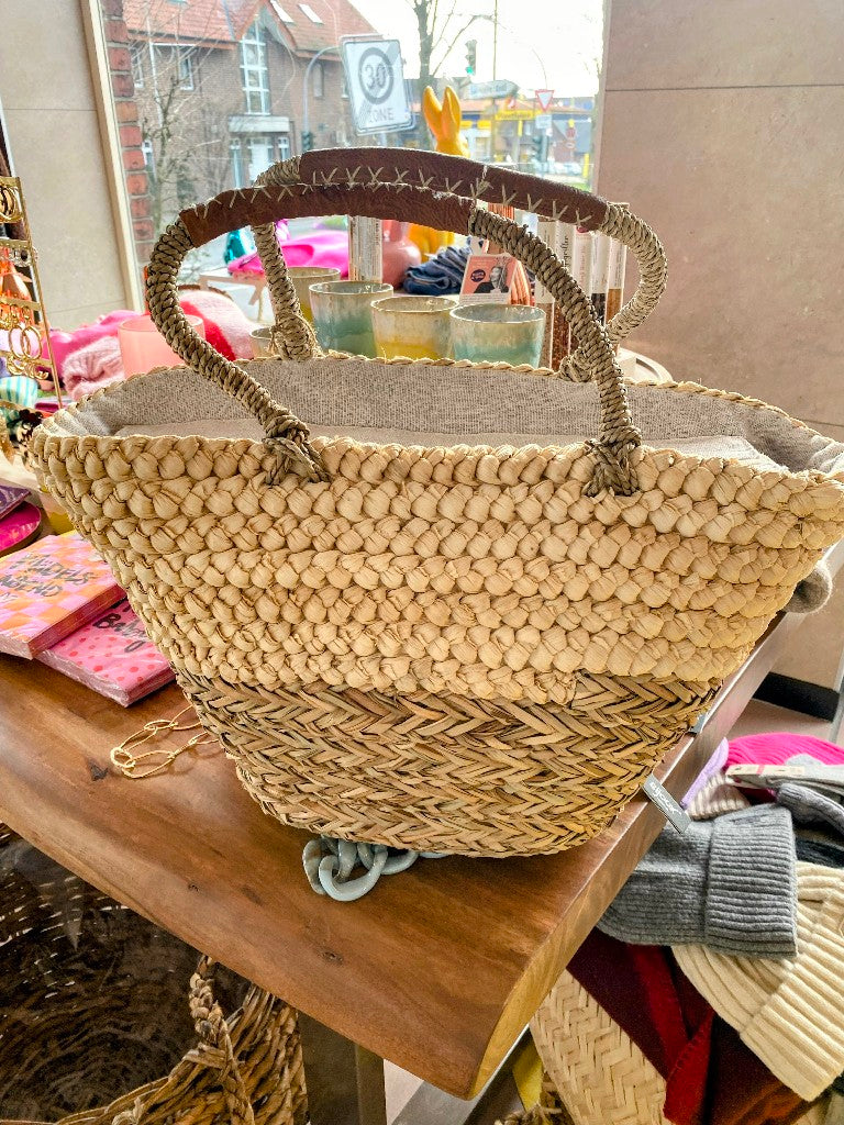 Bastkorb mit Ledergriffen, Leinen Innentasche mit Reißverschluss