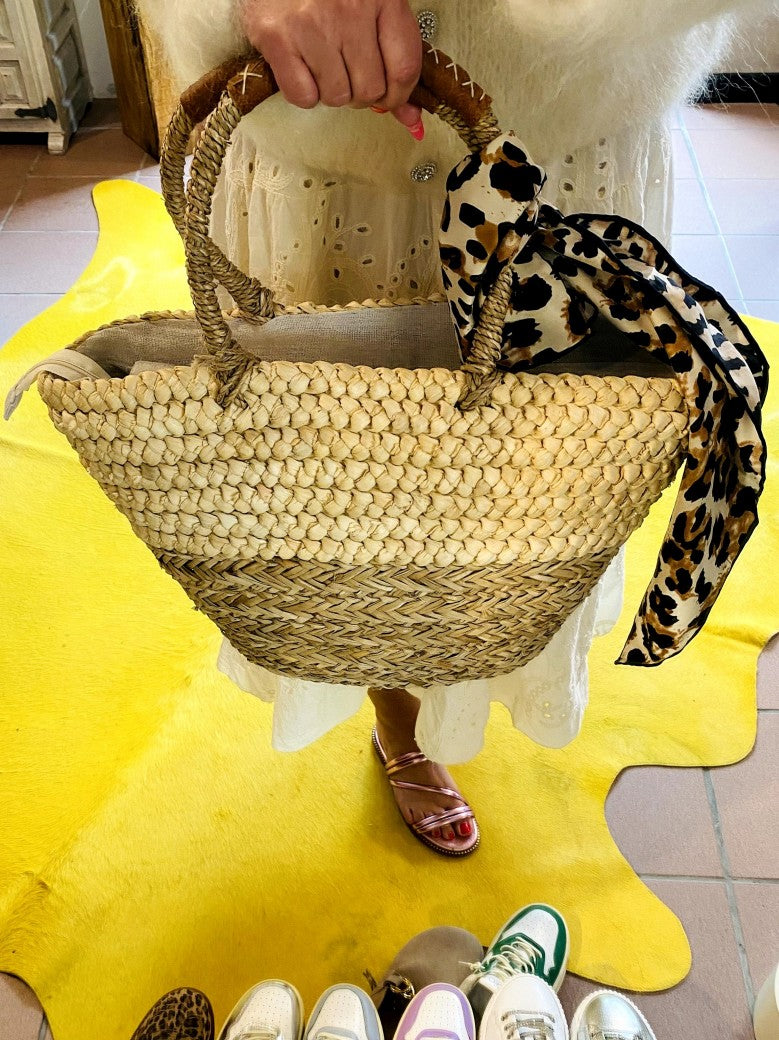 Bastkorb mit Ledergriffen, Leinen Innentasche mit Reißverschluss