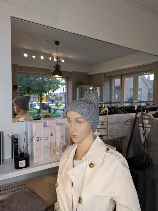 Beanie Mütze ungefüttert mit Umschlag 50% Nylon 30% Viskose 20% Angora - Grau