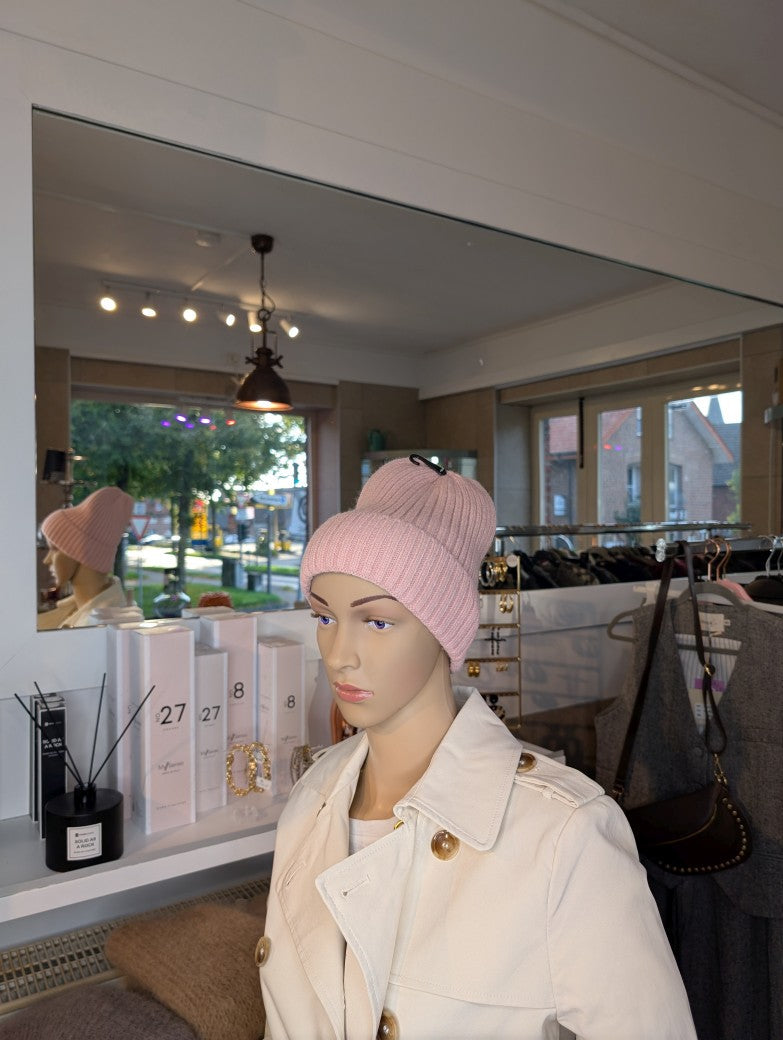 Beanie Mütze ungefüttert mit Umschlag 50% Nylon 30% Viskose 20% Angora - Rosa