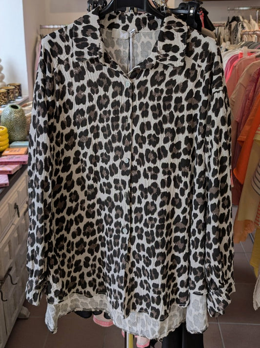 Bluse Mousselin Leo Hell Beige Braun Schwarz, One Size 00427