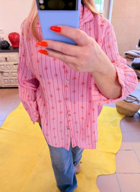 Bluse Mousselin gestreift in Rosa Pink mit Schleifen Muster Orange 03507