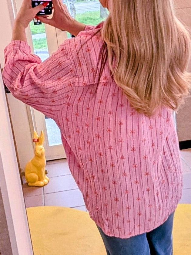 Bluse Mousselin gestreift in Rosa Pink mit Schleifen Muster Orange 03507