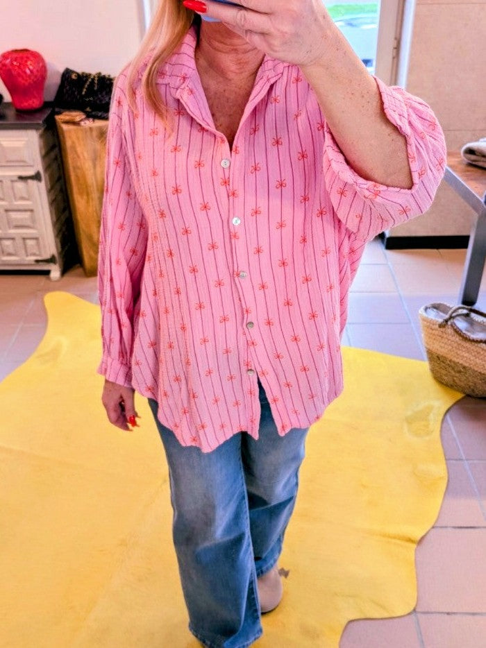 Bluse Mousselin gestreift in Rosa Pink mit Schleifen Muster Orange 03507
