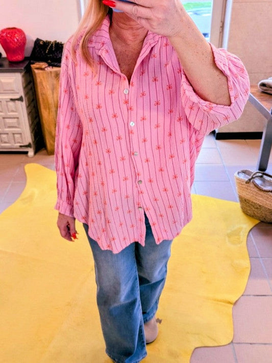 Bluse Mousselin gestreift in Rosa Pink mit Schleifen Muster Orange 03507