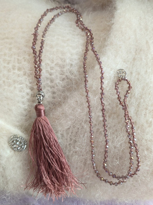 Kette Boho Edelstahl mit Kristallsteinen Buddha Kopf 90cm lang in Rosa/Gold mit Quast SSt Bijoux 8112593