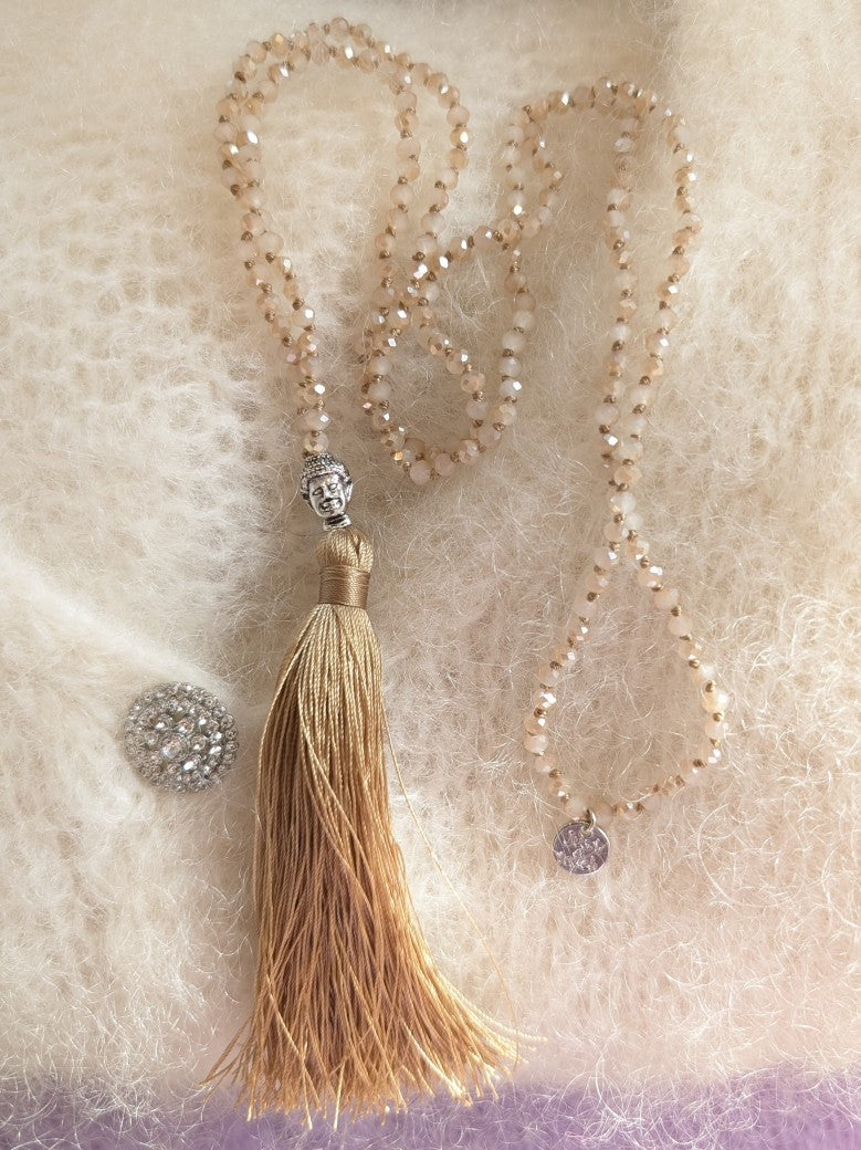 Kette Boho Edelstahl mit Kristallsteinen Buddha Kopf glänzend 90cm lang in Beige mit Quast in Gold SSt Bijoux 8112592