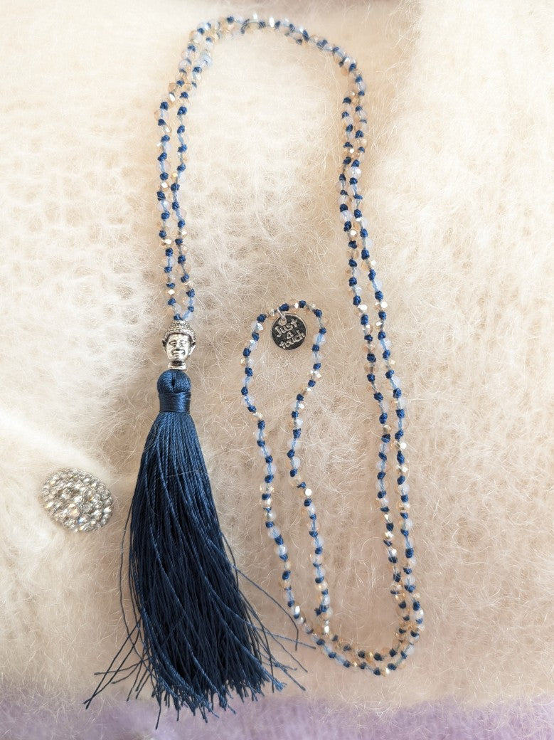 Kette Boho Edelstahl mit Kristallsteinen Buddha Kopf 90cm lang in Blau mit Quast in Blau SSt Bijoux 8112590