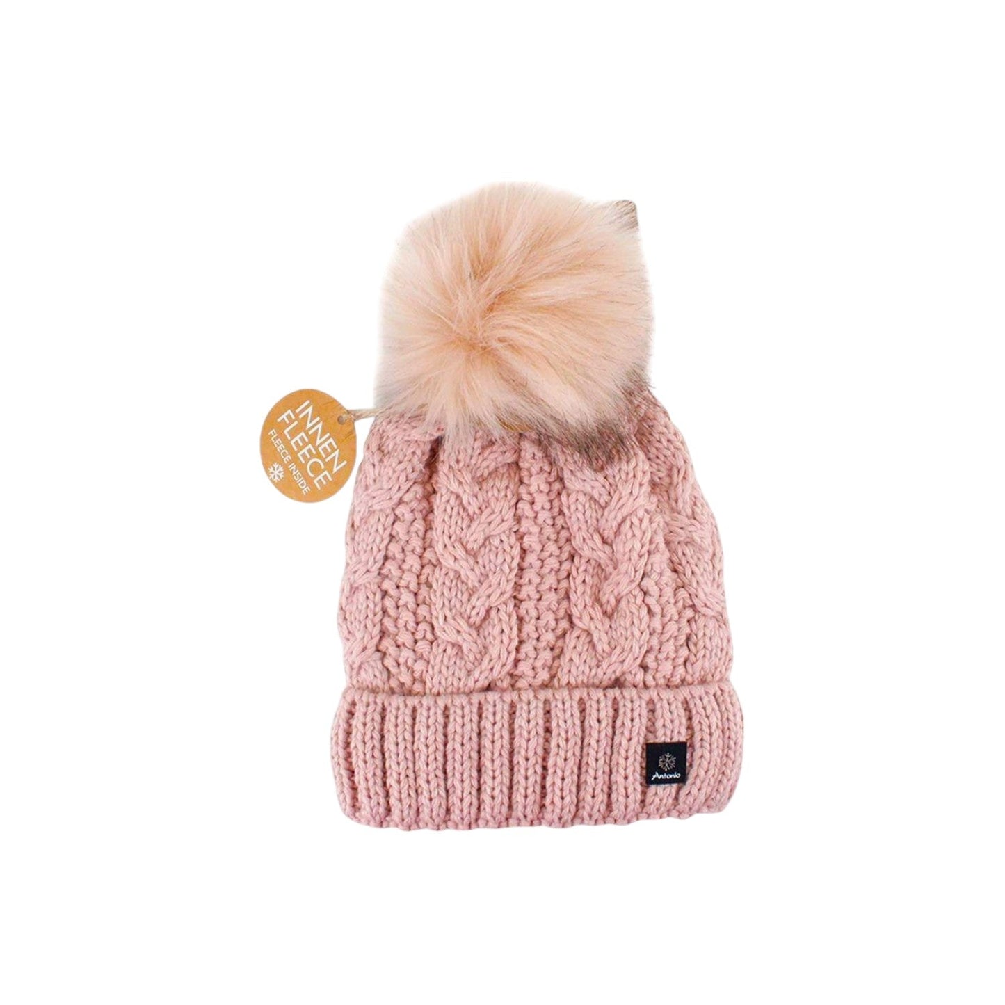 Strickmütze für Damen » gefütterte Wintermütze mit Fleece » Bommelmütze » Damenmütze mit Zopfmuster