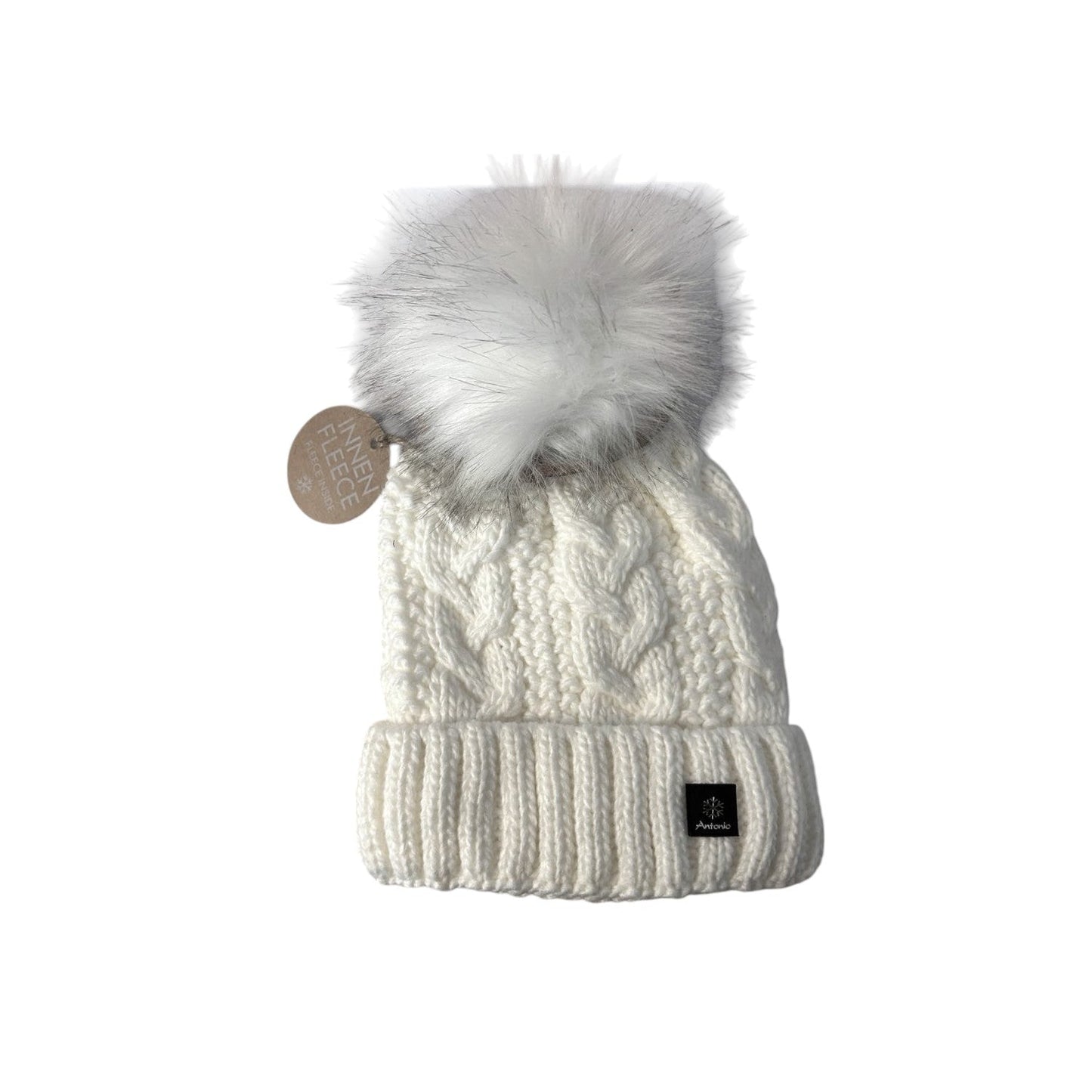 Strickmütze für Damen » gefütterte Wintermütze mit Fleece » Bommelmütze » Damenmütze mit Zopfmuster