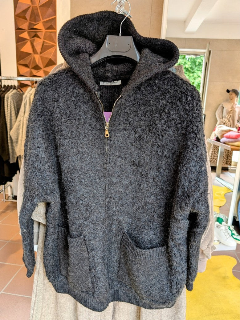 Cardigan Strickjacke Bomberjacke mit Kapuze Nylon Schwarz mit Reißverschluss S/M L/XL - von BEAUTY WOMEN