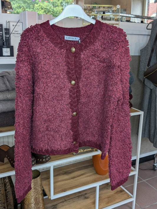 Cardigan Strickjacke Bouclé Bordeaux Rot Goldknöpfe Nylon Alpaka Wolle, One Size - von CHOICE C100