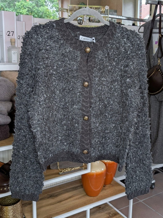 Cardigan Strickjacke Bouclé Dark Grey Goldknöpfe 60% Nylon 20% Alpaka 20% Wolle, One Size - von CHOICE C100