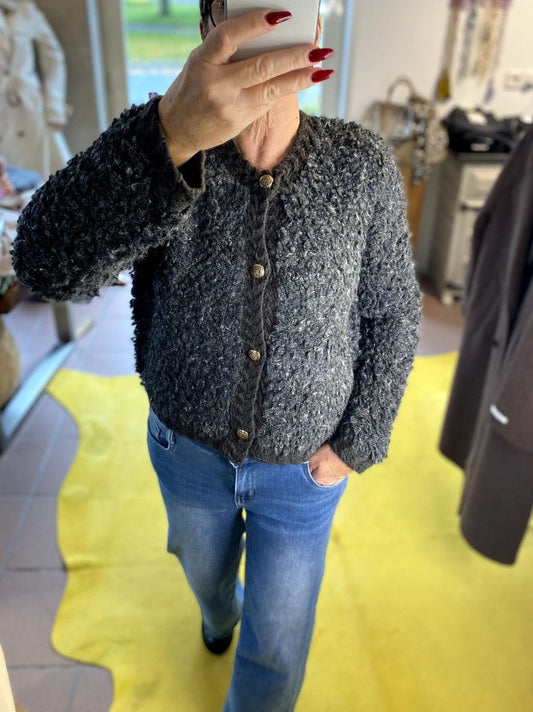 Cardigan Strickjacke Bouclé Dark Grey Goldknöpfe 60% Nylon 20% Alpaka 20% Wolle, One Size - von CHOICE C100