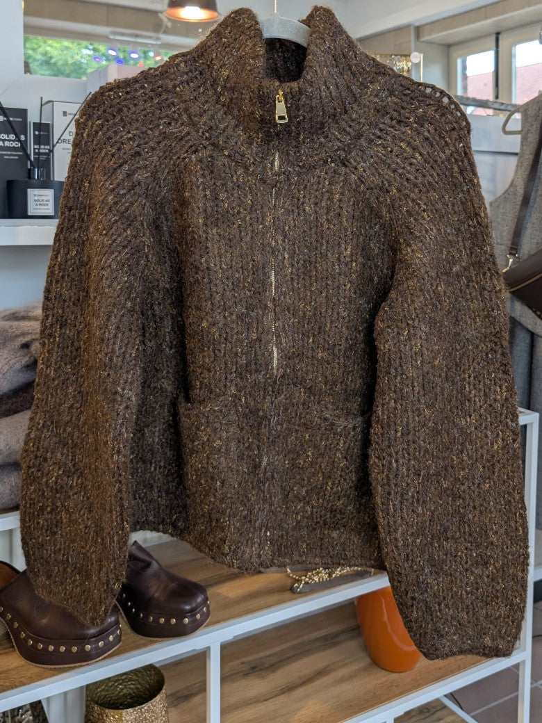 Cardigan Strickjacke Stehkragen Taschen Zipper Coffee Braun mit Sprenkeln Blau Gelb Viskose Nylon Wolle, One Size - von CHOICE CC076