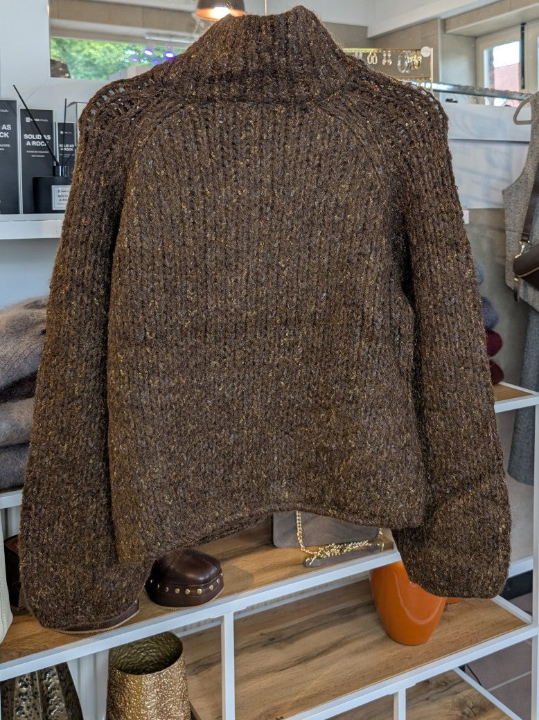 Cardigan Strickjacke Stehkragen Taschen Zipper Coffee Braun mit Sprenkeln Blau Gelb Viskose Nylon Wolle, One Size - von CHOICE CC076