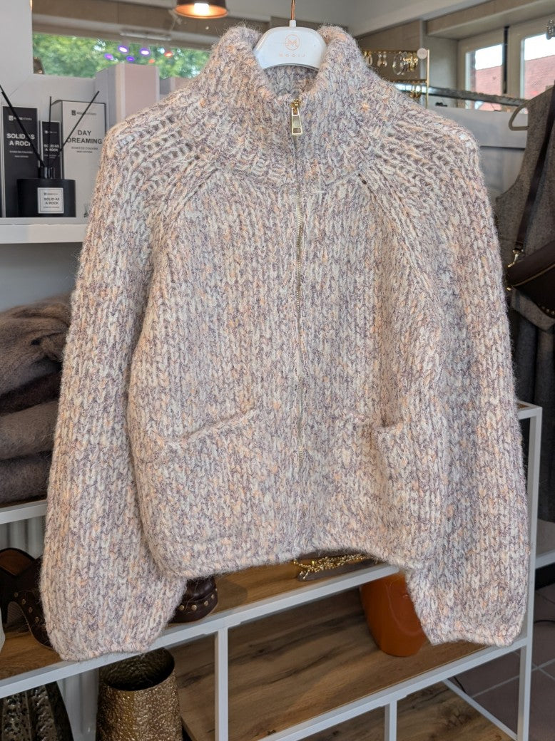 Cardigan Strickjacke Stehkragen Taschen Zipper Créme Beige mit Sprenkeln Rosa Lila Apricots Gelb Viskose Nylon Wolle, One Size - von CHOICE CC076