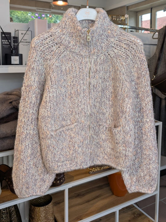 Cardigan Strickjacke Stehkragen Taschen Zipper Créme Beige mit Sprenkeln Rosa Lila Apricots Gelb Viskose Nylon Wolle, One Size - von CHOICE CC076