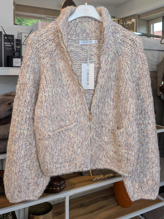 Cardigan Strickjacke Stehkragen Taschen Zipper Créme Beige mit Sprenkeln Rosa Lila Apricots Gelb Viskose Nylon Wolle, One Size - von CHOICE CC076