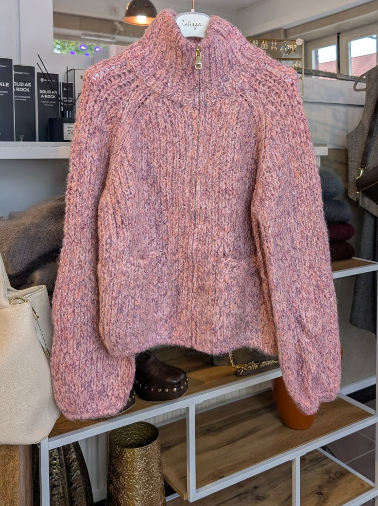 Cardigan Strickjacke Stehkragen Taschen Zipper Pink mit Sprenkeln Rosa Lila Apricots Gelb Viskose Nylon Wolle, One Size - von CHOICE CC076