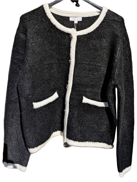 Cardigan Chanel Style Damen Strickjacke Bouclé Schwarz Weiß Goldknöpfe Viskose Nylon, One Size - von EFFENY