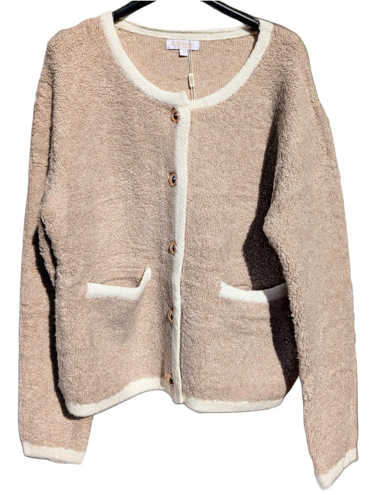 Cardigan Chanel Style Damen Strickjacke Bouclé Taupe Beige Goldknöpfe Viskose Nylon, One Size - von EFFENY