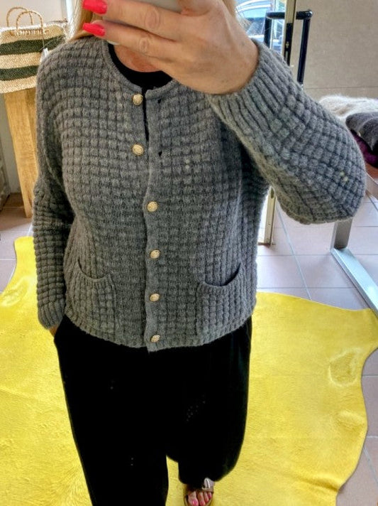 Cardigan Strickjacke Chanel Stil Quadrate Goldknöpfe Grau - One Size U3423