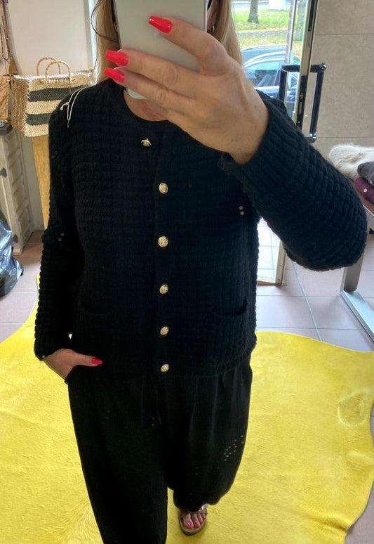 Cardigan Strickjacke Chanel Stil Quadrate Goldknöpfe Schwarz - One Size U3423