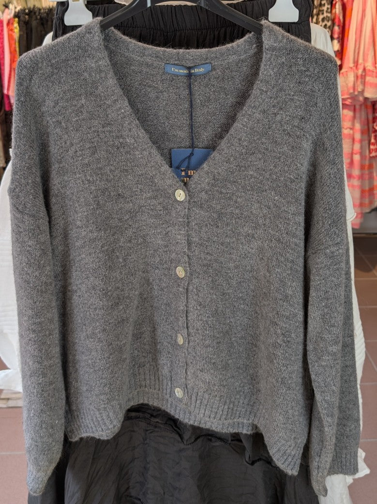 Cardigan Strickjacke Alpaka 30% Nylon 30% Wolle 17% V-Ausschnitt Perlmuttknöpfe Grau Flausch - One Size