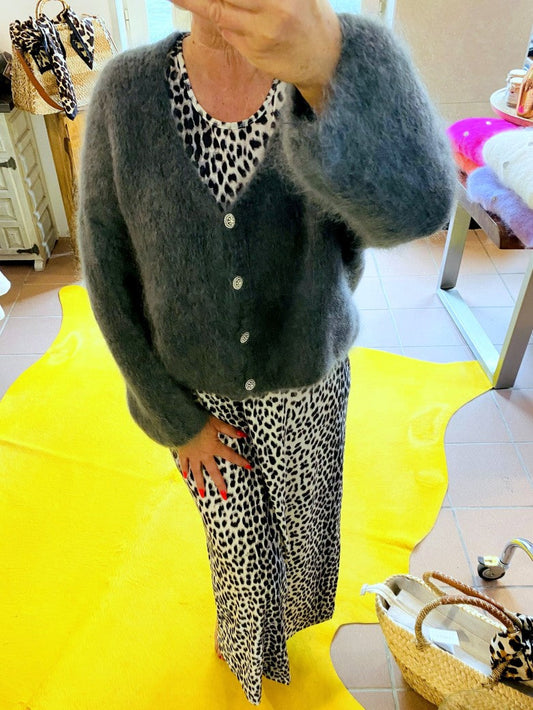 Cardigan Strickjacke Mohair 80% Grau mit glitzernden Silberknöpfen One Size 30030