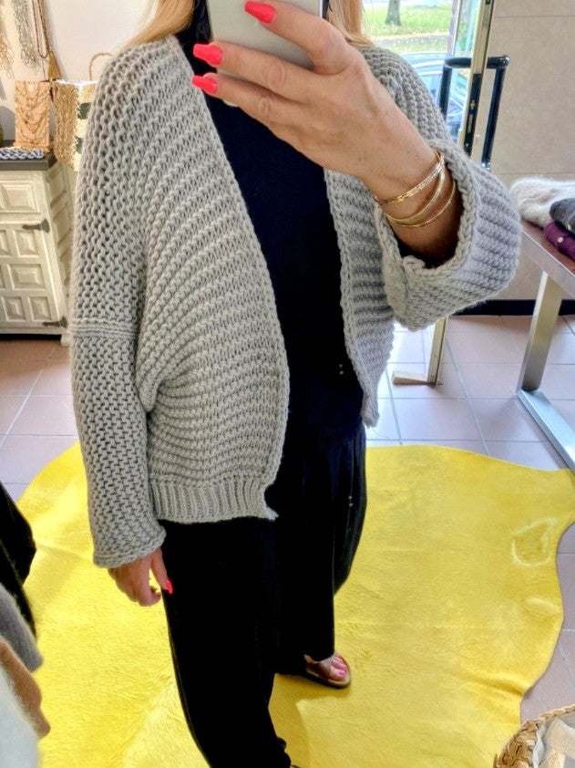 Cardigan Strickjacke Grobstrick Lang Offen Hellgrau - One SIze 30615