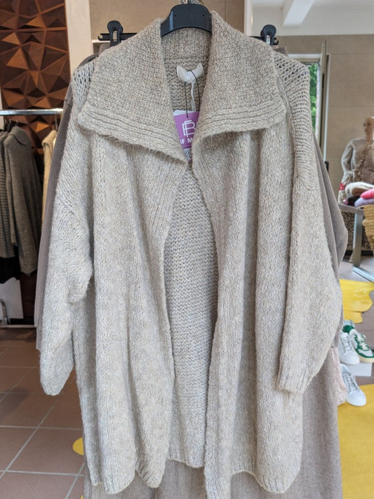 Cardigan Strickjacke Kragen Lang Offen Beige - One SIze 30581