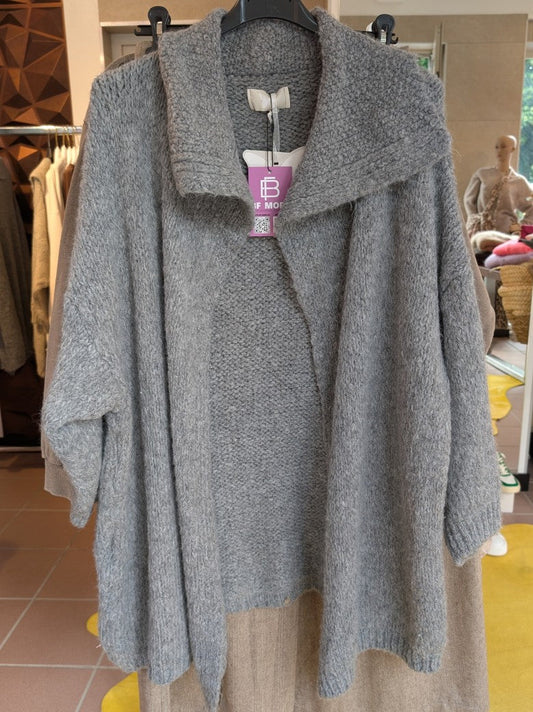 Cardigan Strickjacke Kragen Lang Offen Grau - One SIze 30581