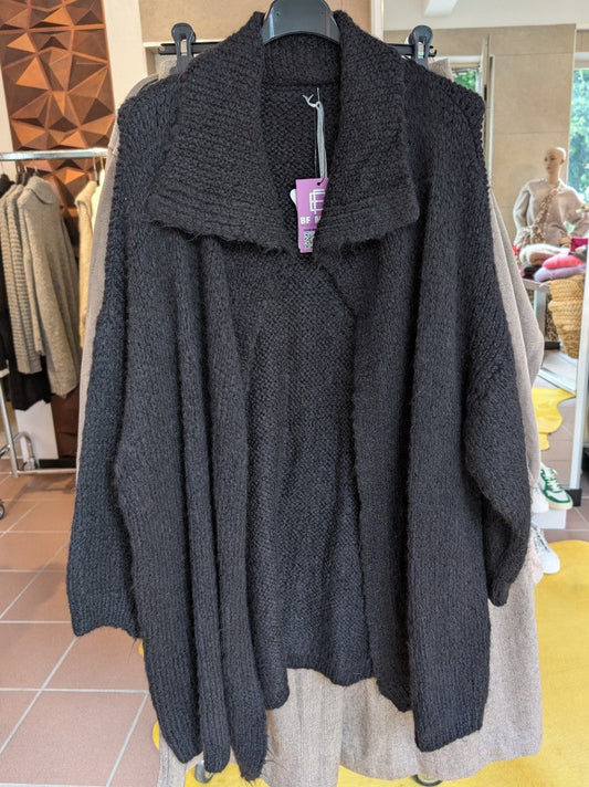 Cardigan Strickjacke Kragen Lang Offen Schwarz - One SIze 30581