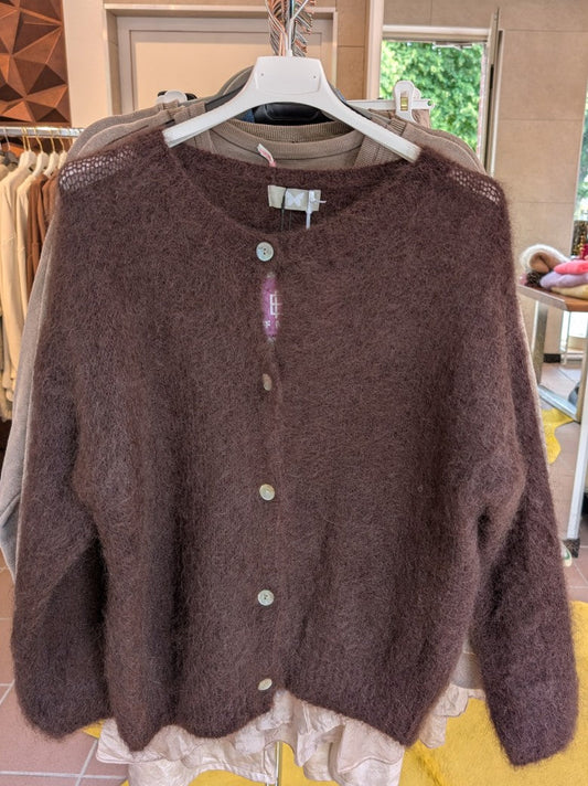 Cardigan Strickjacke Mohair 80% Nylon 18% Perlmuttknöpfe Coffee Braun One Size HH24220